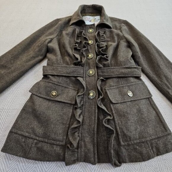 Anthropologie Tabitha Military Blazer Women 6 Green Wool Blend Ruffle NB095 EUC - Picture 2 of 14